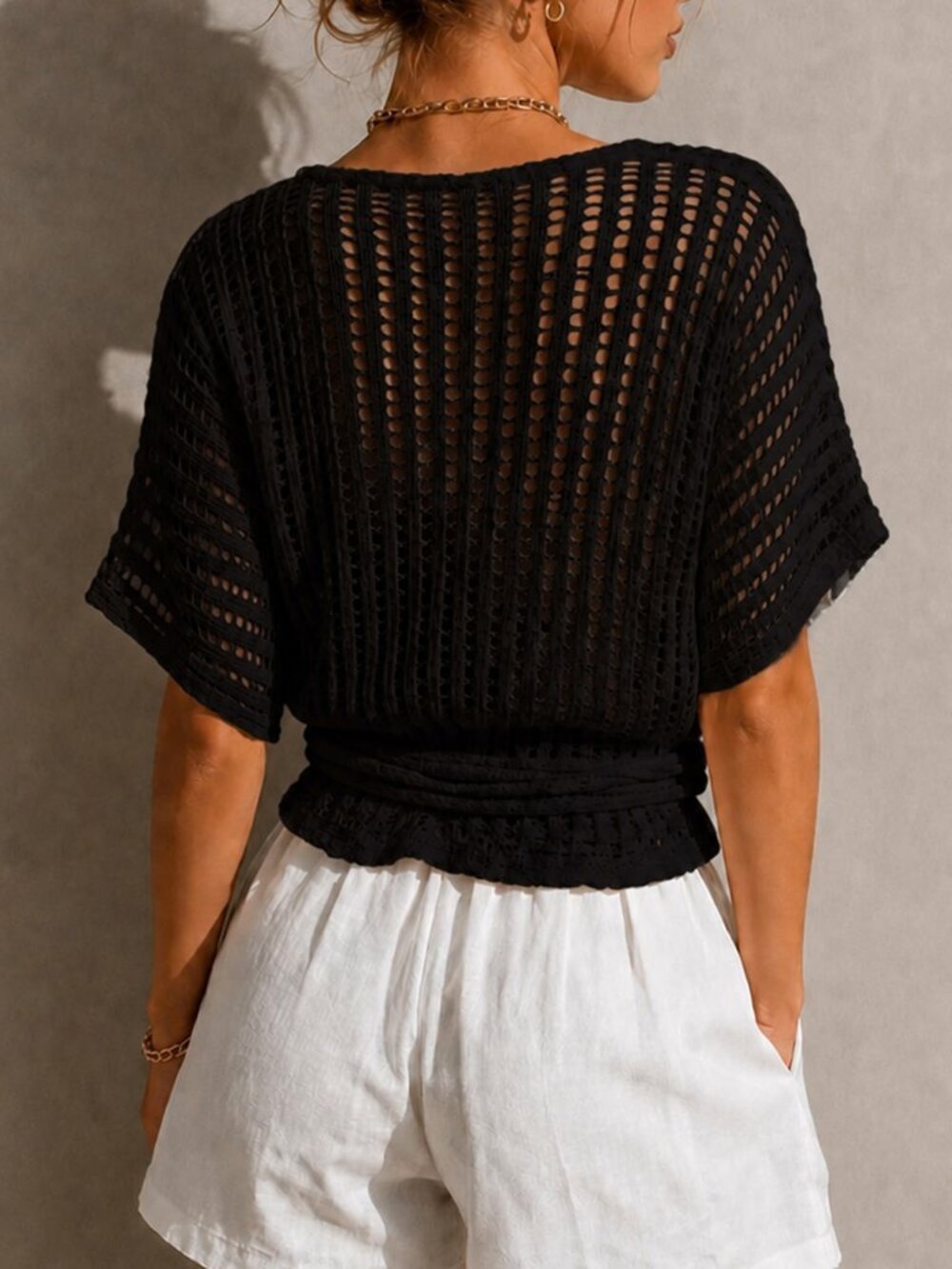 Black Sexy Women's Hollow Out Batwing Sleeve Belted Lightweight Cardigan - Picture 2 of 7